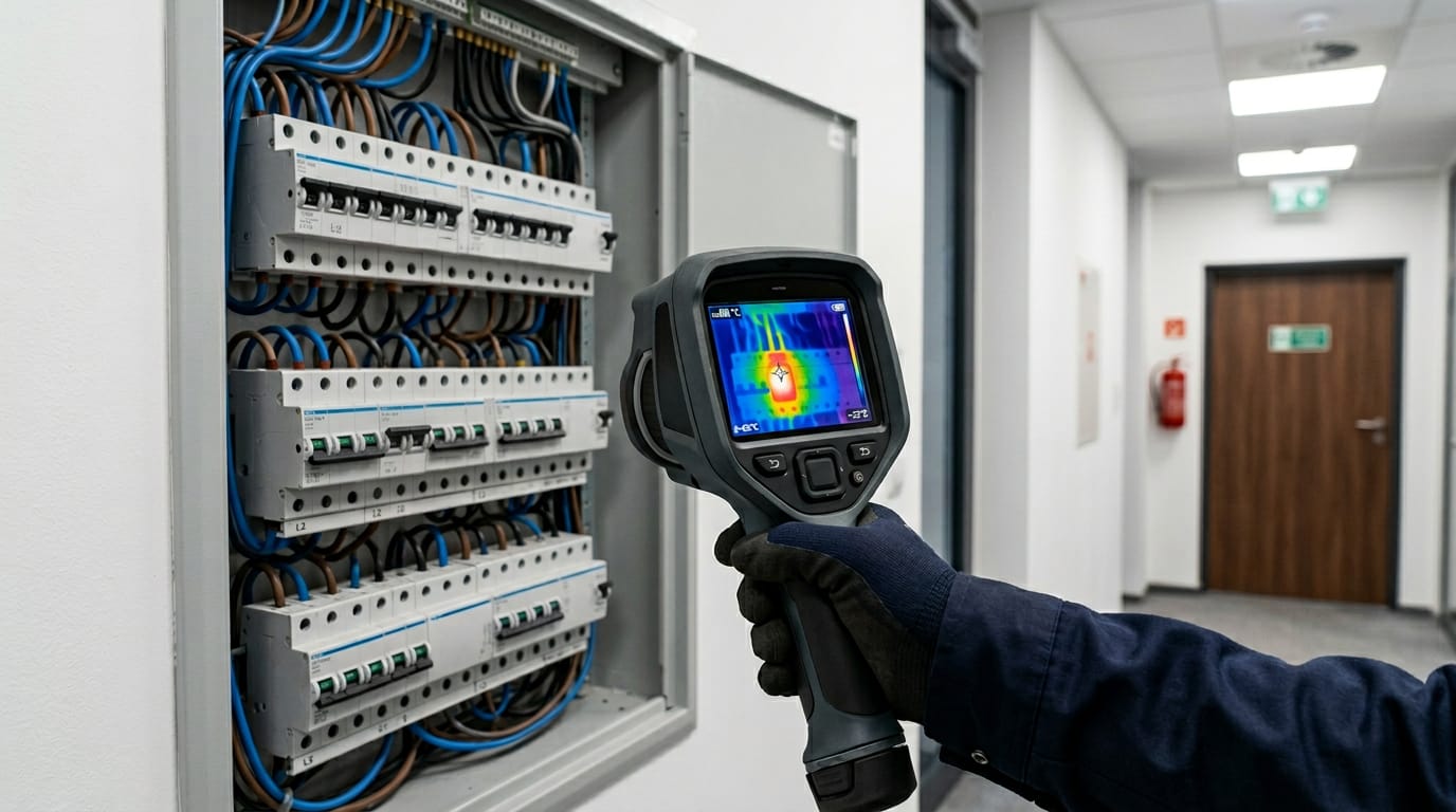 Badanie termowizyjne rozdzielnicy biurowej w Dąbrowie Górniczej, kamera FLIR pokazuje punkt przegrzania