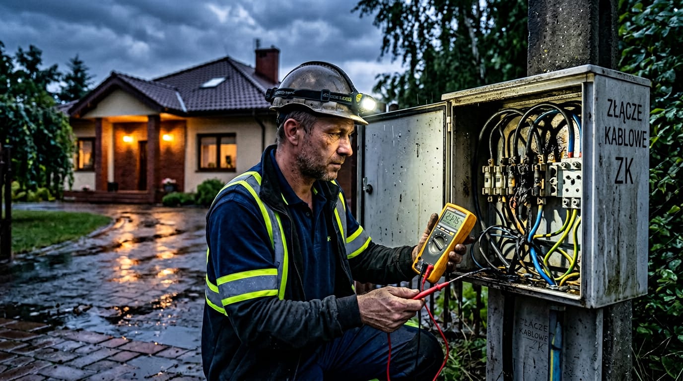 Elektryk podczas nocnej naprawy uszkodzonego przez burzę złącza kablowego ZK w Sosnowcu-Pogoń