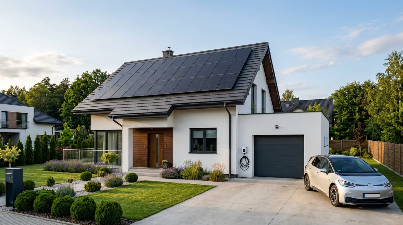 Instalacja fotowoltaiczna 9,8 kWp na dachu domu w Tychach-Paprocanach z wallboxem na ścianie garażu
